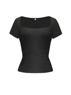 Vaiaye Women's Spring-Summer Sexy Fitted Knit Top, Solid Color Square Neck Casual T-Shirt, Suitable For Valentine's Day