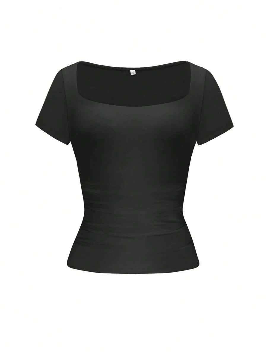 Vaiaye Women's Spring-Summer Sexy Fitted Knit Top, Solid Color Square Neck Casual T-Shirt, Suitable For Valentine's Day