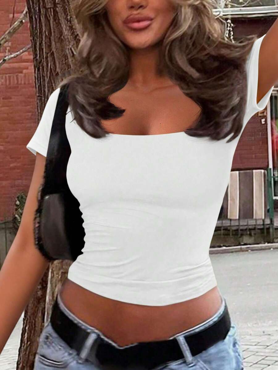 Vaiaye Women's Spring-Summer Sexy Fitted Knit Top, Solid Color Square Neck Casual T-Shirt, Suitable For Valentine's Day