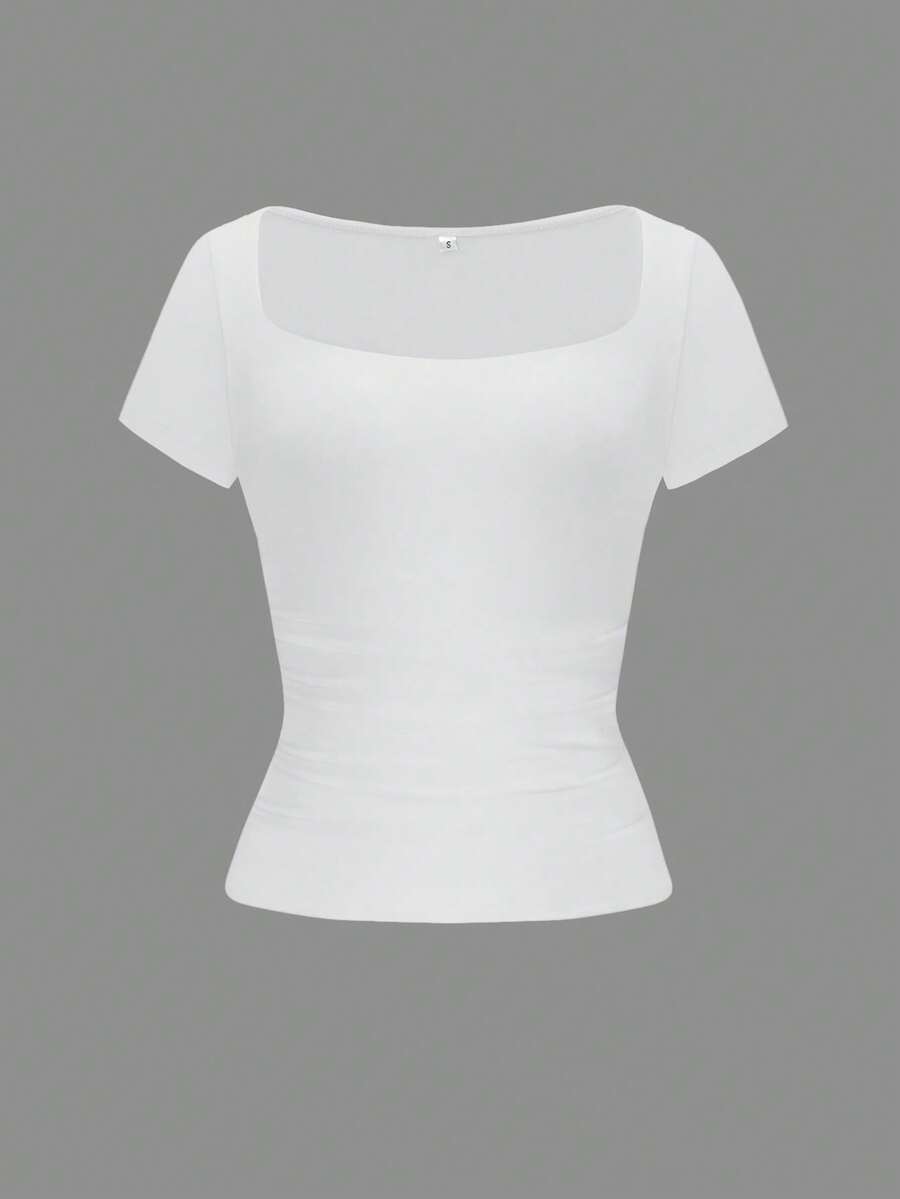 Vaiaye Women's Spring-Summer Sexy Fitted Knit Top, Solid Color Square Neck Casual T-Shirt, Suitable For Valentine's Day