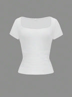 Vaiaye Women's Spring-Summer Sexy Fitted Knit Top, Solid Color Square Neck Casual T-Shirt, Suitable For Valentine's Day
