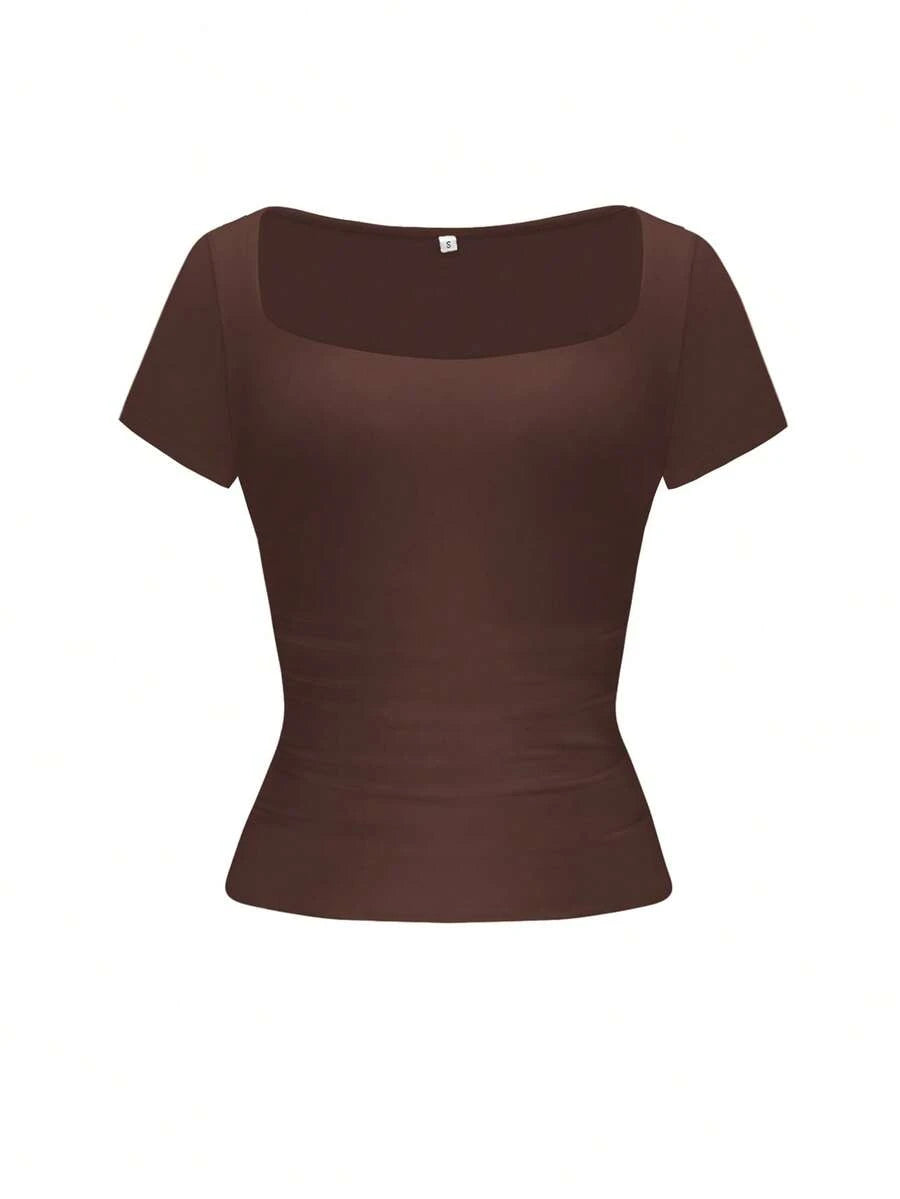 Vaiaye Women's Spring-Summer Sexy Fitted Knit Top, Solid Color Square Neck Casual T-Shirt, Suitable For Valentine's Day