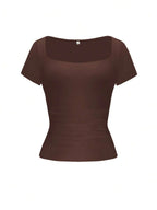 Vaiaye Women's Spring-Summer Sexy Fitted Knit Top, Solid Color Square Neck Casual T-Shirt, Suitable For Valentine's Day