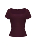 Vaiaye Women's Spring-Summer Sexy Fitted Knit Top, Solid Color Square Neck Casual T-Shirt, Suitable For Valentine's Day