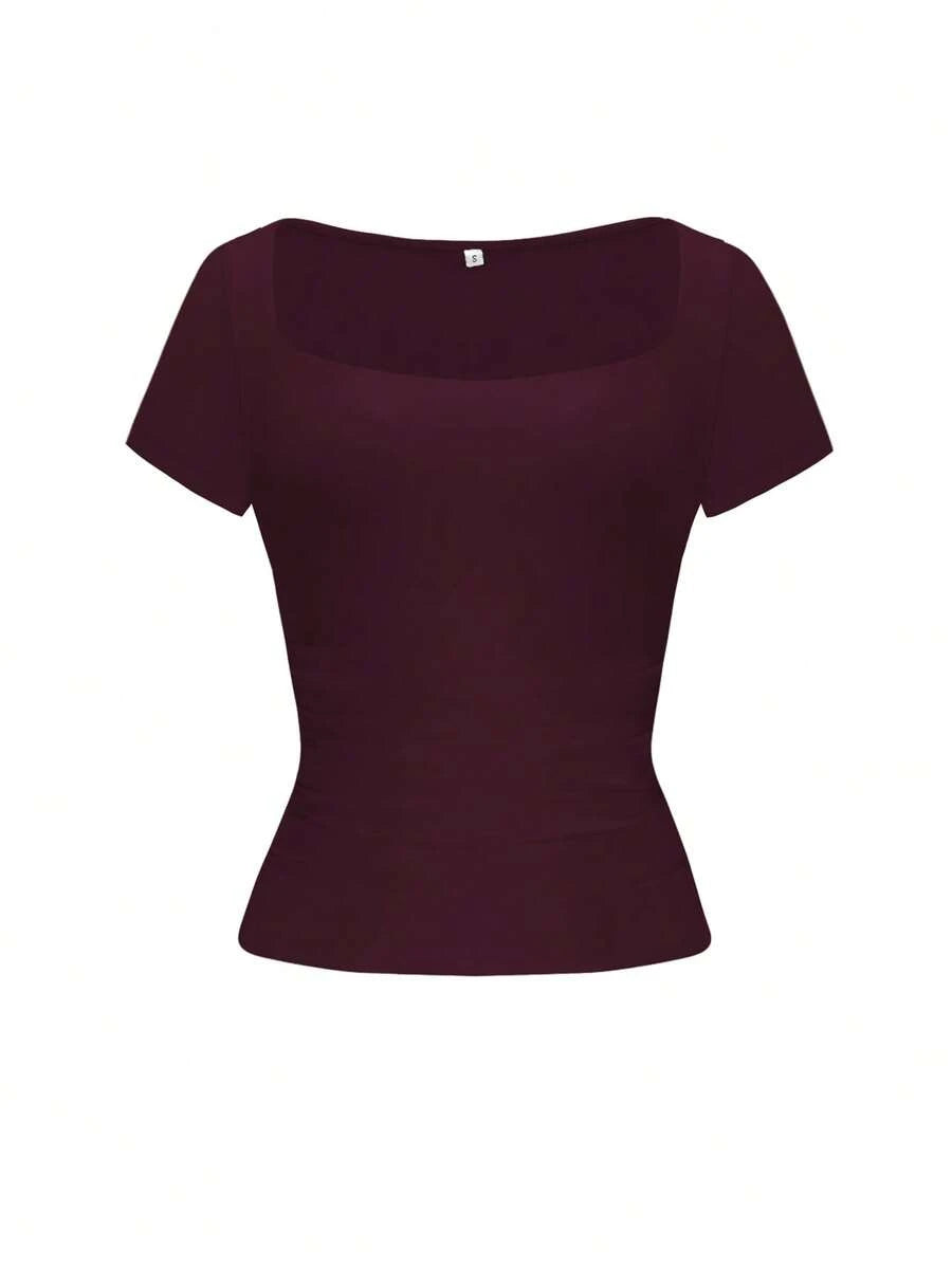 Vaiaye Women's Spring-Summer Sexy Fitted Knit Top, Solid Color Square Neck Casual T-Shirt, Suitable For Valentine's Day