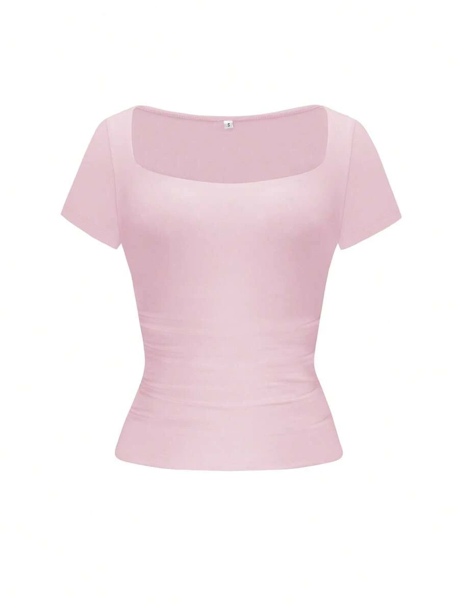 Vaiaye Women's Spring-Summer Sexy Fitted Knit Top, Solid Color Square Neck Casual T-Shirt, Suitable For Valentine's Day