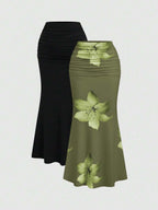 Sweetra 2pcs Women's Elegant Party Solid Color Mermaid Skirt And Floral Print Skirt Set Fall Cloth For Women