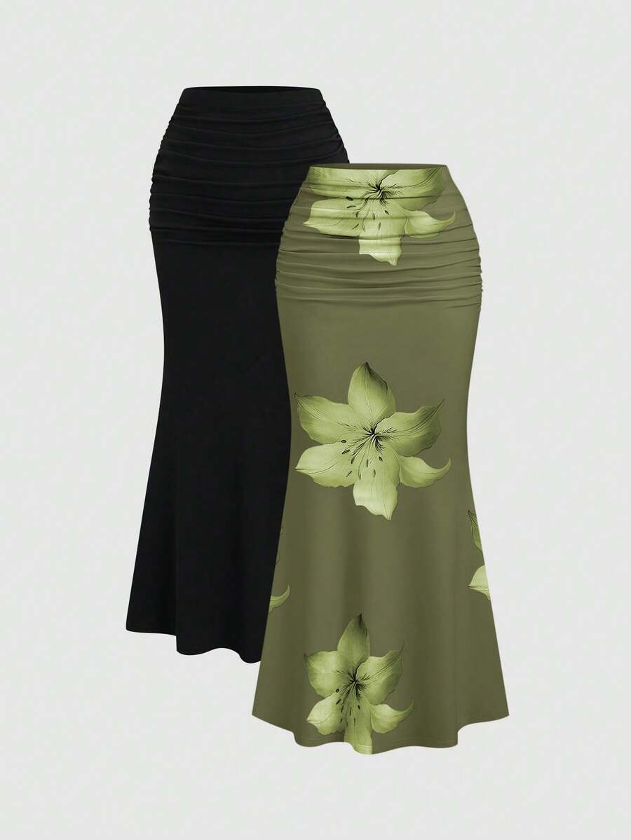 Sweetra 2pcs Women's Elegant Party Solid Color Mermaid Skirt And Floral Print Skirt Set Fall Cloth For Women
