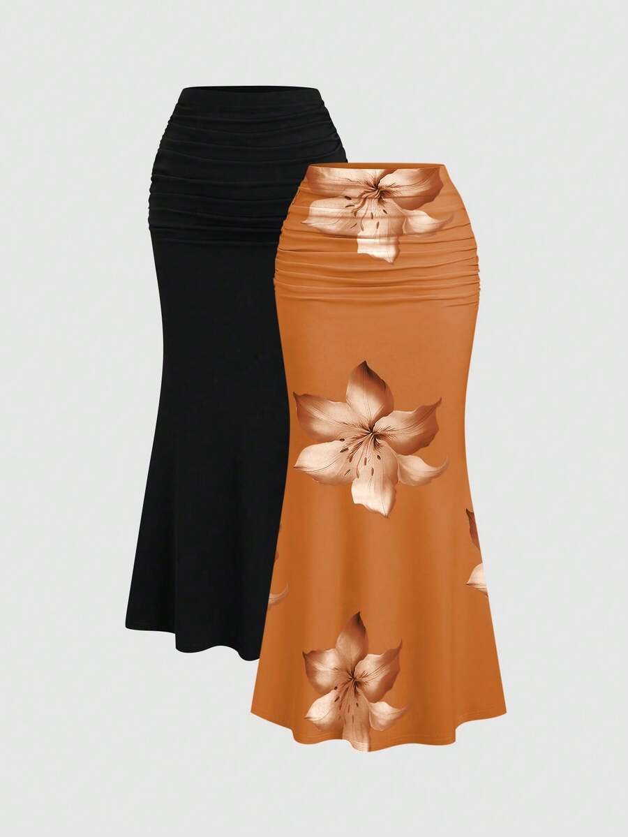 Sweetra 2pcs Women's Elegant Party Solid Color Mermaid Skirt And Floral Print Skirt Set Fall Cloth For Women