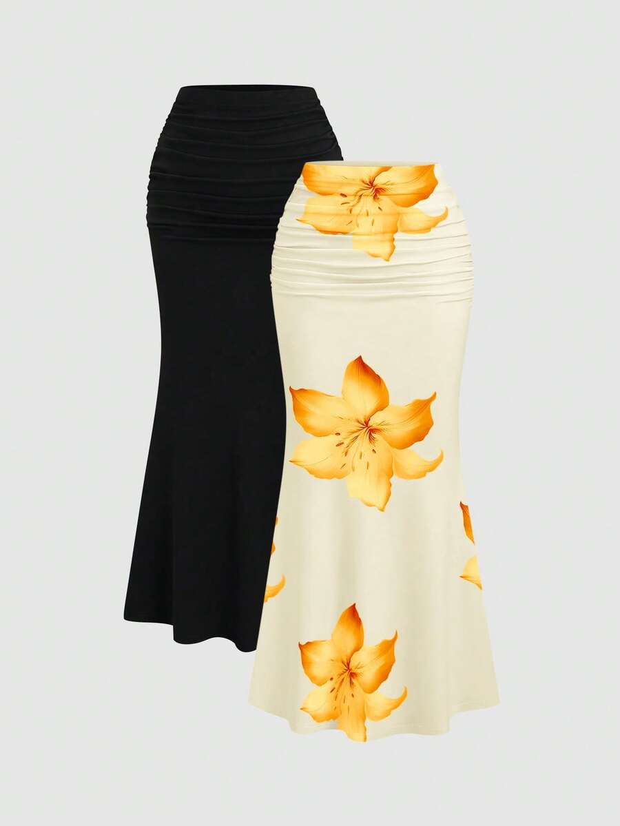 Sweetra 2pcs Women's Elegant Party Solid Color Mermaid Skirt And Floral Print Skirt Set Fall Cloth For Women