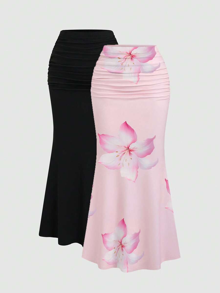 Sweetra 2pcs Women's Elegant Party Solid Color Mermaid Skirt And Floral Print Skirt Set Fall Cloth For Women