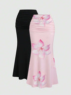 Sweetra 2pcs Women's Elegant Party Solid Color Mermaid Skirt And Floral Print Skirt Set Fall Cloth For Women