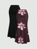 Sweetra 2pcs Women's Elegant Party Solid Color Mermaid Skirt And Floral Print Skirt Set Fall Cloth For Women
