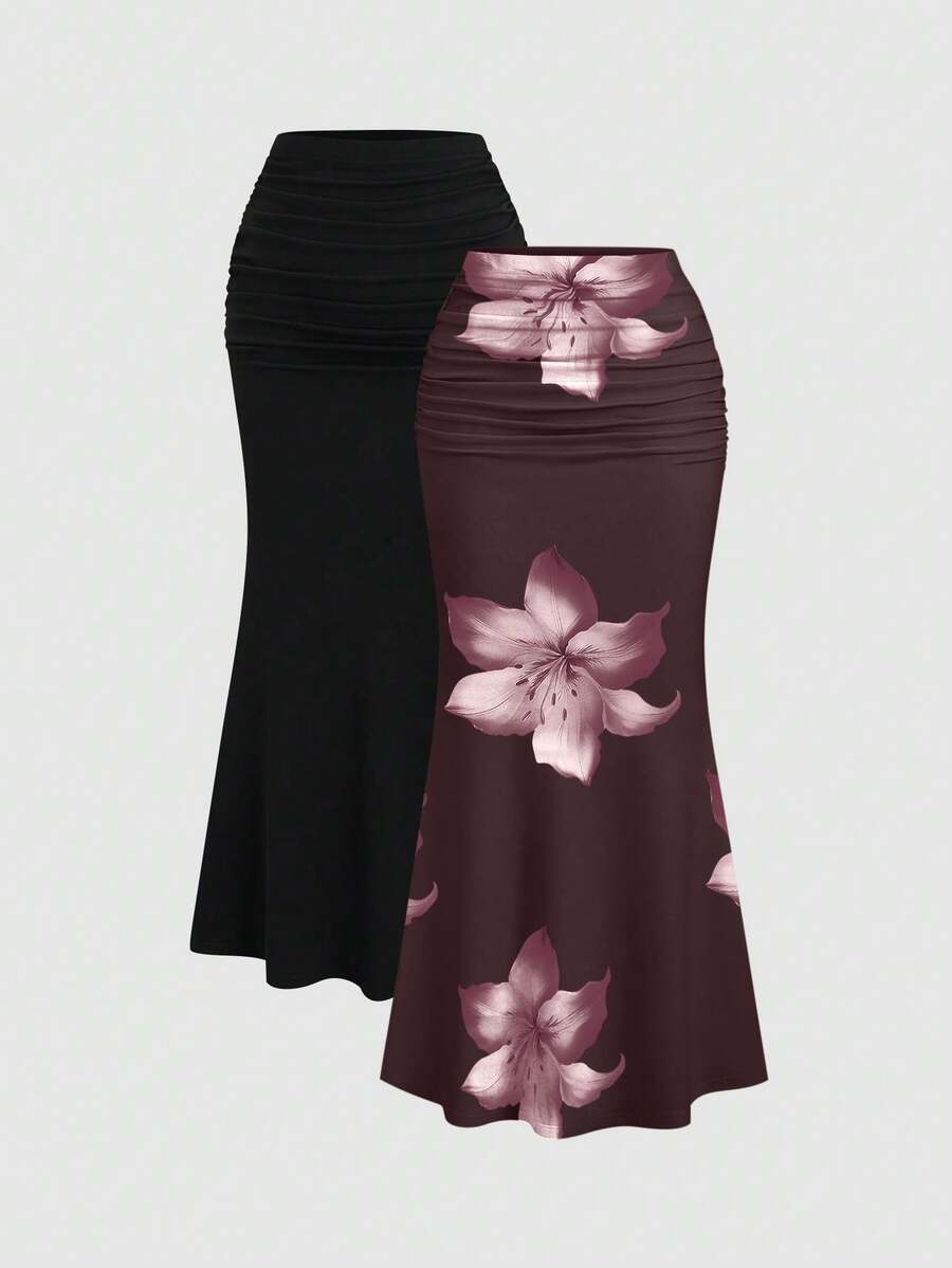 Sweetra 2pcs Women's Elegant Party Solid Color Mermaid Skirt And Floral Print Skirt Set Fall Cloth For Women
