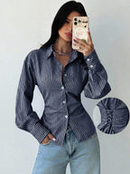 Firerie Women's Blue And White Striped Long Sleeve Shirt, Tie-Waist Shirt, Casual Commuter Shirt, Vacation Shirt, Cinched Waist Striped Shirt, Suitable For Spring, Summer, Autumn And Winter, Elegant, Vacation, Bohemian, Work Attire