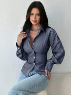 Firerie Women's Blue And White Striped Long Sleeve Shirt, Tie-Waist Shirt, Casual Commuter Shirt, Vacation Shirt, Cinched Waist Striped Shirt, Suitable For Spring, Summer, Autumn And Winter, Elegant, Vacation, Bohemian, Work Attire