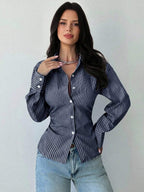 Firerie Women's Blue And White Striped Long Sleeve Shirt, Tie-Waist Shirt, Casual Commuter Shirt, Vacation Shirt, Cinched Waist Striped Shirt, Suitable For Spring, Summer, Autumn And Winter, Elegant, Vacation, Bohemian, Work Attire