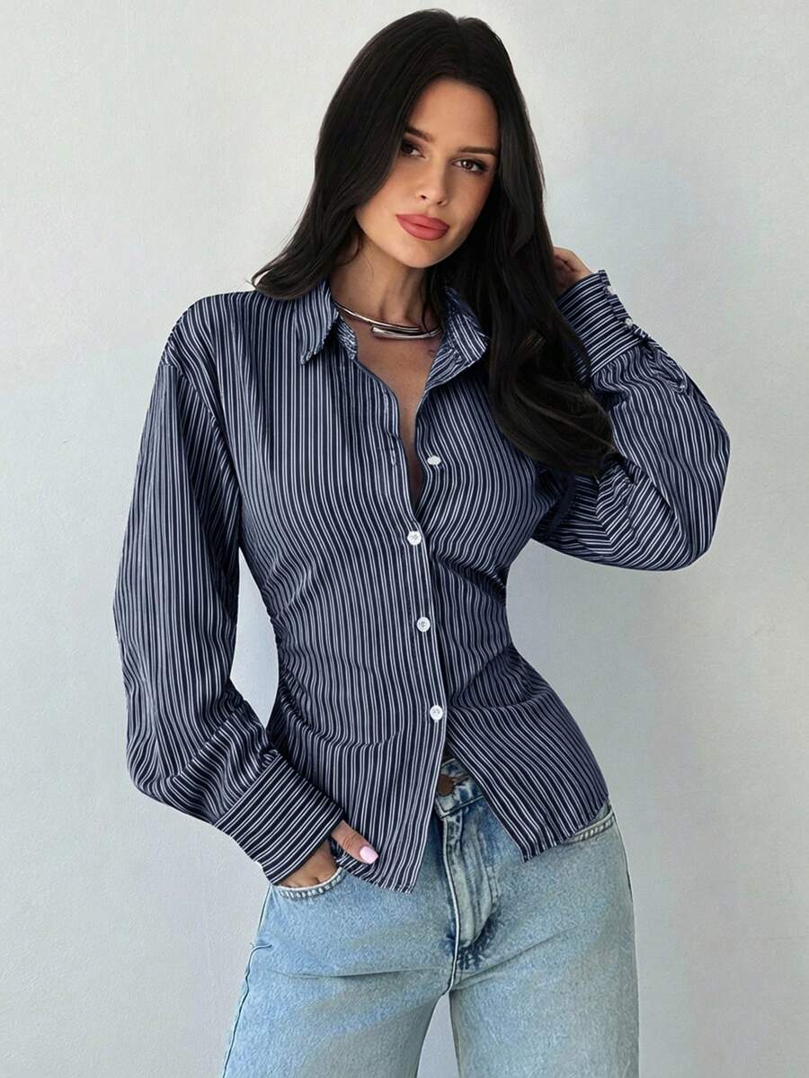 Firerie Women's Blue And White Striped Long Sleeve Shirt, Tie-Waist Shirt, Casual Commuter Shirt, Vacation Shirt, Cinched Waist Striped Shirt, Suitable For Spring, Summer, Autumn And Winter, Elegant, Vacation, Bohemian, Work Attire