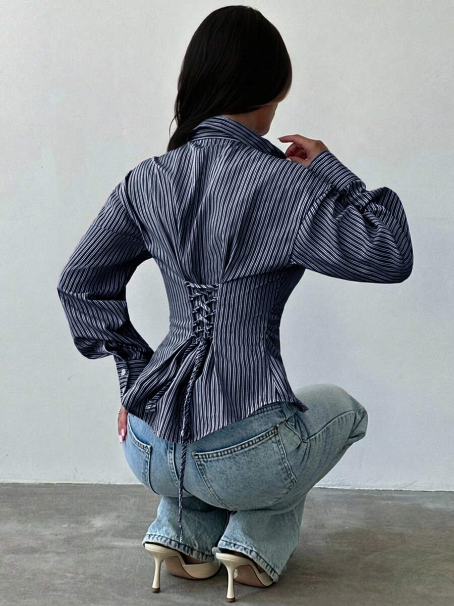 Firerie Women's Blue And White Striped Long Sleeve Shirt, Tie-Waist Shirt, Casual Commuter Shirt, Vacation Shirt, Cinched Waist Striped Shirt, Suitable For Spring, Summer, Autumn And Winter, Elegant, Vacation, Bohemian, Work Attire