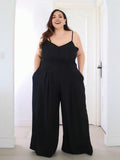 Pretty and Ole Plus Size Women's Elegant Dignified Button Strap Pleated Waist Wide Leg Jumpsuit, Spring/Summer