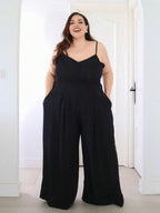 Pretty and Ole Plus Size Women's Elegant Dignified Button Strap Pleated Waist Wide Leg Jumpsuit, Spring/Summer