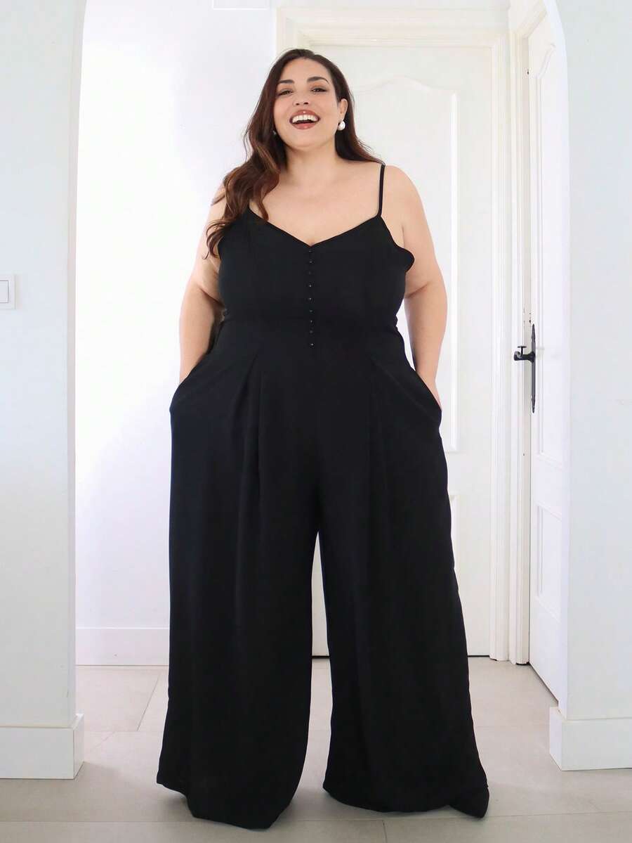 Pretty and Ole Plus Size Women's Elegant Dignified Button Strap Pleated Waist Wide Leg Jumpsuit, Spring/Summer