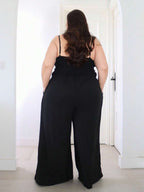 Pretty and Ole Plus Size Women's Elegant Dignified Button Strap Pleated Waist Wide Leg Jumpsuit, Spring/Summer