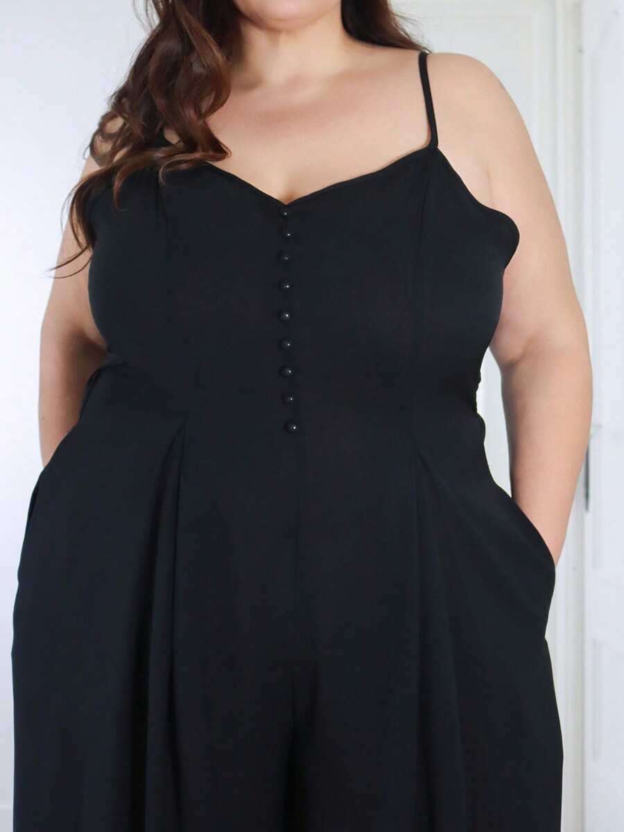 Pretty and Ole Plus Size Women's Elegant Dignified Button Strap Pleated Waist Wide Leg Jumpsuit, Spring/Summer