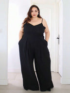 Pretty and Ole Plus Size Women's Elegant Dignified Button Strap Pleated Waist Wide Leg Jumpsuit, Spring/Summer