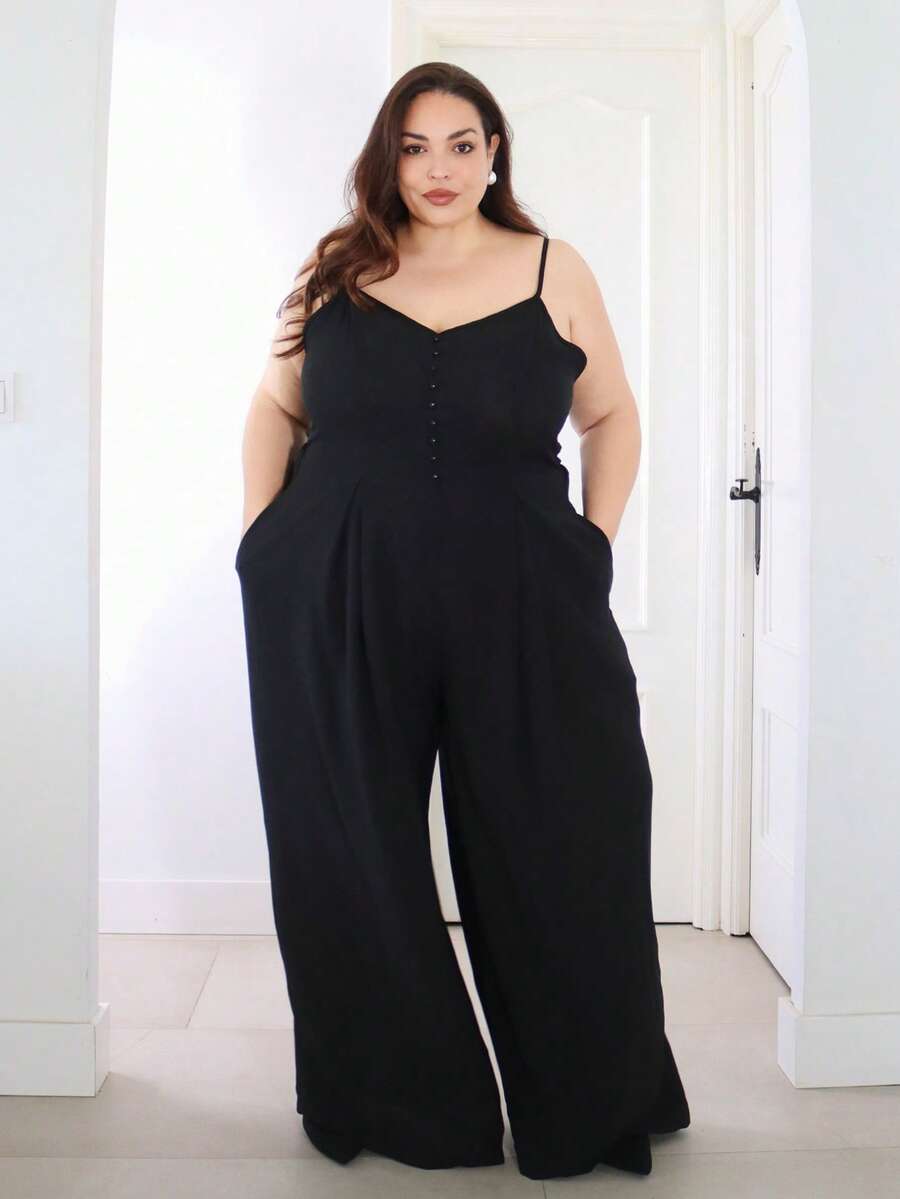 Pretty and Ole Plus Size Women's Elegant Dignified Button Strap Pleated Waist Wide Leg Jumpsuit, Spring/Summer