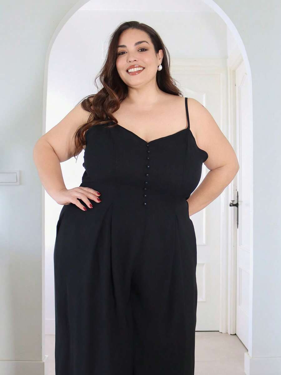 Pretty and Ole Plus Size Women's Elegant Dignified Button Strap Pleated Waist Wide Leg Jumpsuit, Spring/Summer