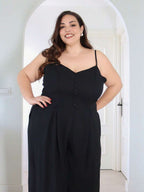 Pretty and Ole Plus Size Women's Elegant Dignified Button Strap Pleated Waist Wide Leg Jumpsuit, Spring/Summer