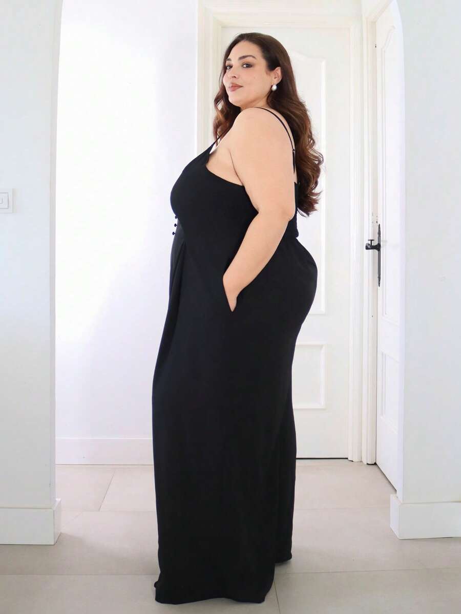 Pretty and Ole Plus Size Women's Elegant Dignified Button Strap Pleated Waist Wide Leg Jumpsuit, Spring/Summer