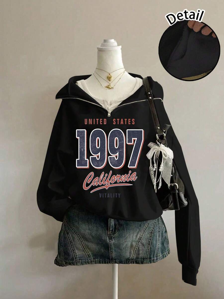 Attitoon Women's Loose Half-Zip High Neck Fleece Sweatshirt, Suitable For Autumn/Winter, Vintage, American Casual Style, 1997 Print,Fall,Chic,Grey,