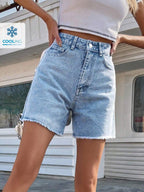 EMERY ROSE Solid Raw Hem Denim Shorts, Mom Shorts Summer