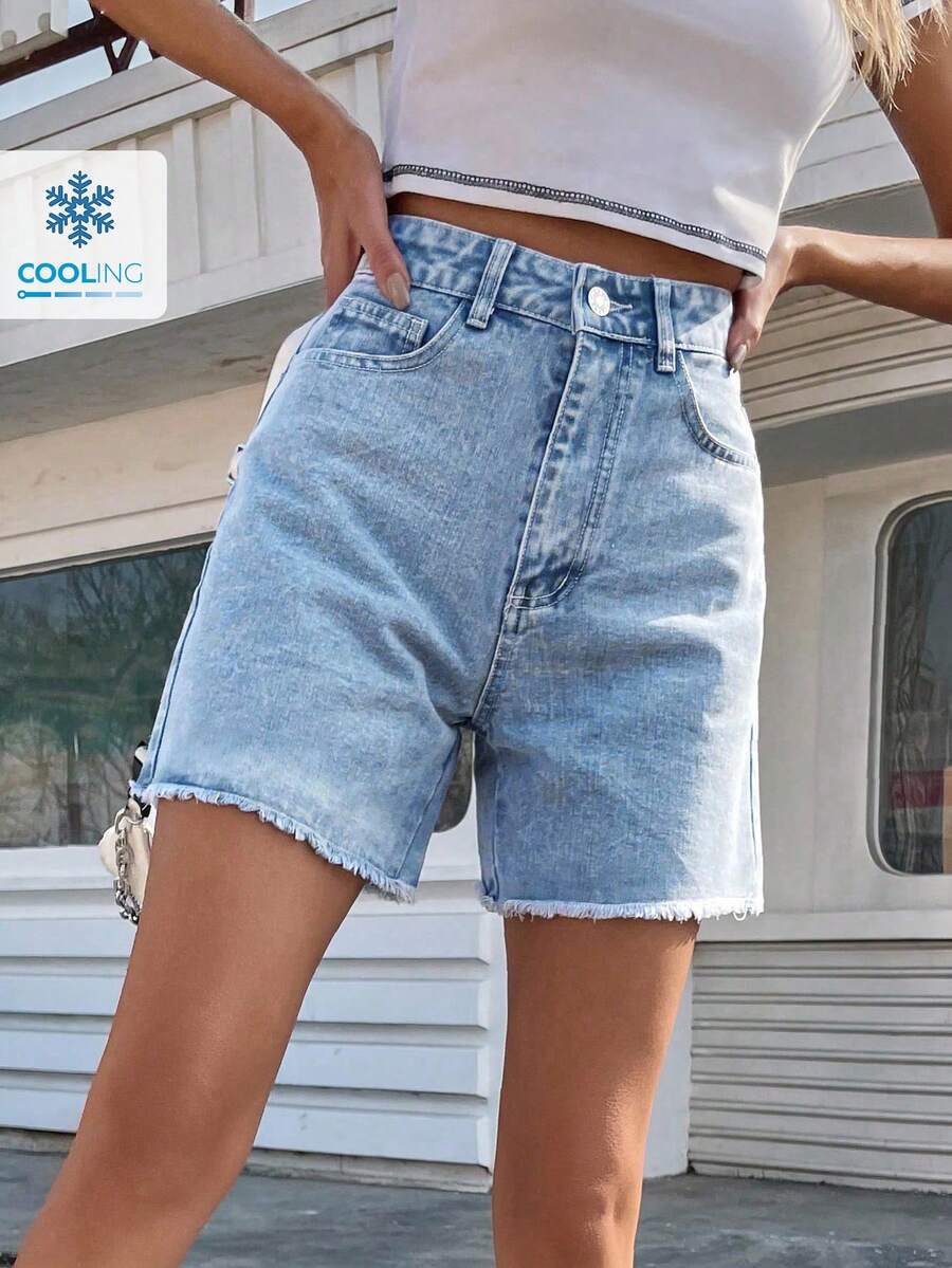 EMERY ROSE Solid Raw Hem Denim Shorts, Mom Shorts Summer