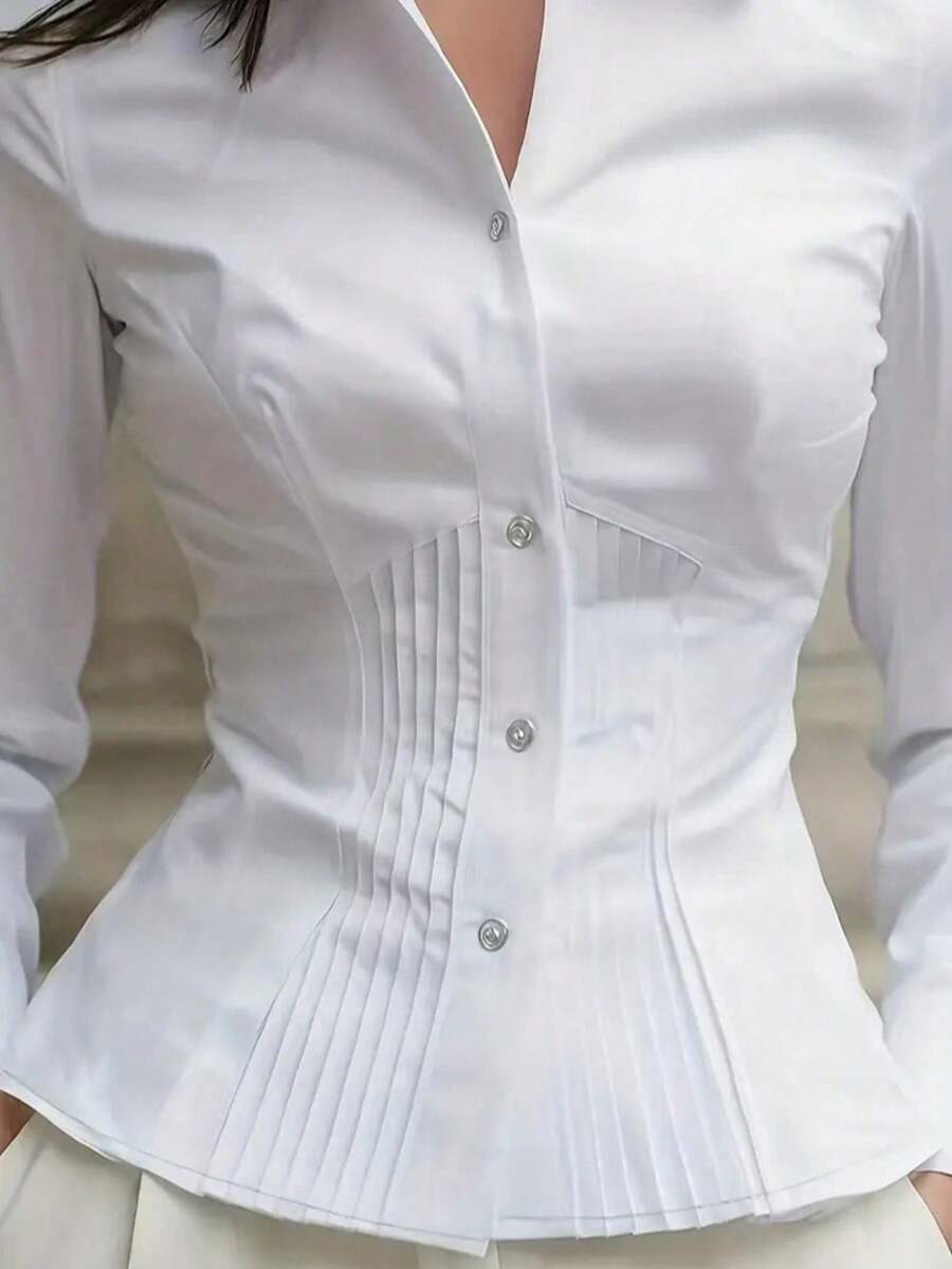 New Women's Elegant Blouse, Fashionable White Long Sleeve Button-Up Shirt With Pleated Design, High-End Sophisticated Style, Professional Minimalist Look, Suitable For Casual Occasions And Dates