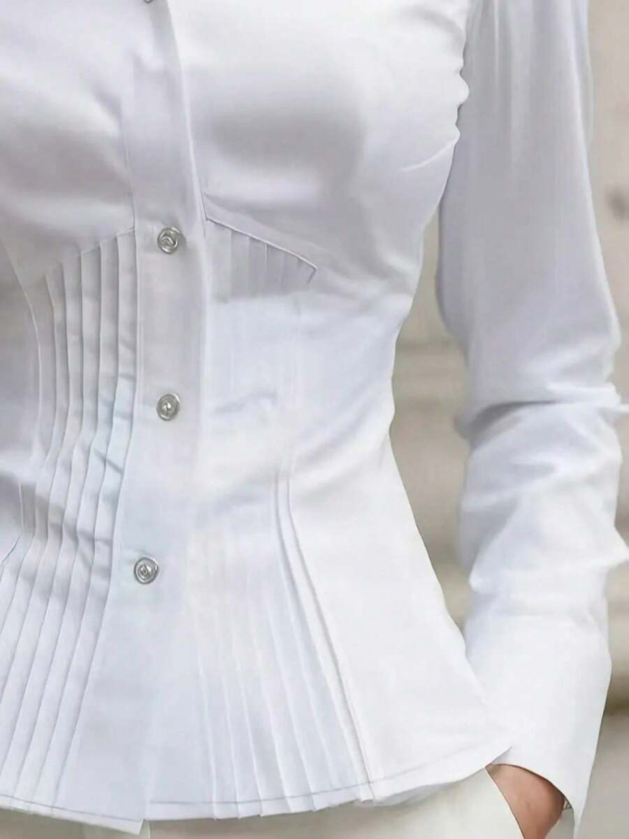 New Women's Elegant Blouse, Fashionable White Long Sleeve Button-Up Shirt With Pleated Design, High-End Sophisticated Style, Professional Minimalist Look, Suitable For Casual Occasions And Dates