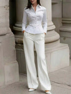 New Women's Elegant Blouse, Fashionable White Long Sleeve Button-Up Shirt With Pleated Design, High-End Sophisticated Style, Professional Minimalist Look, Suitable For Casual Occasions And Dates