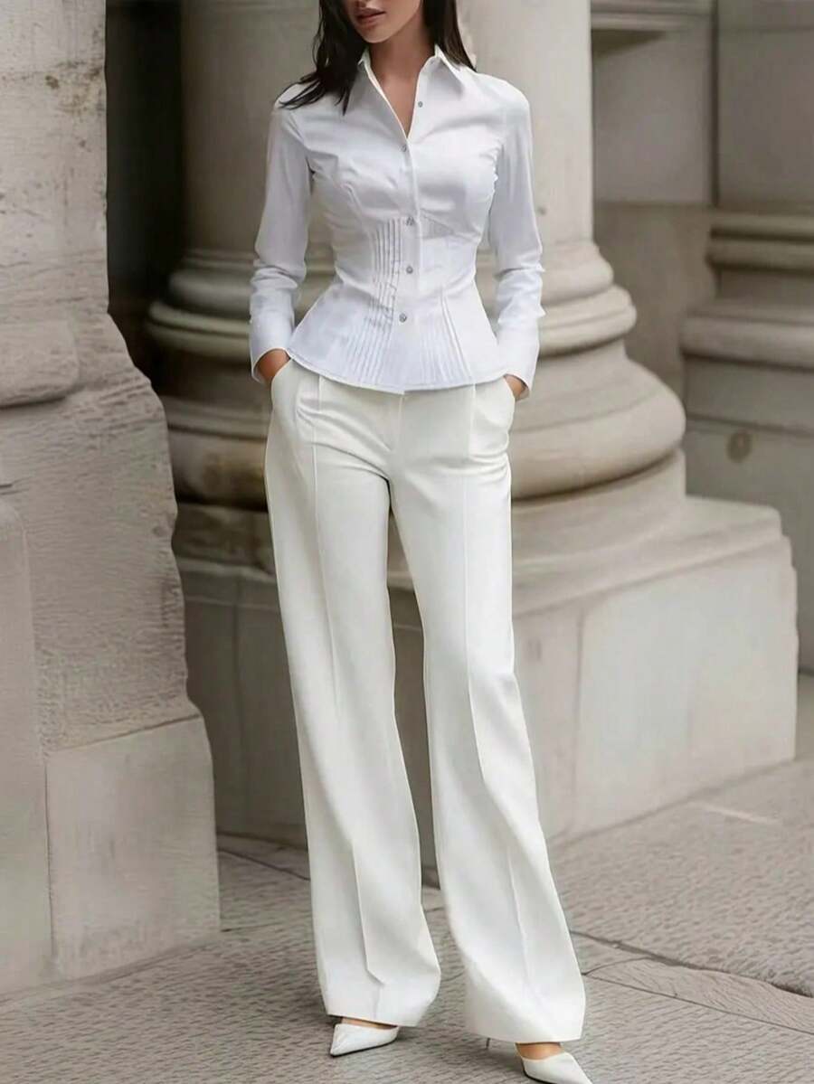 New Women's Elegant Blouse, Fashionable White Long Sleeve Button-Up Shirt With Pleated Design, High-End Sophisticated Style, Professional Minimalist Look, Suitable For Casual Occasions And Dates
