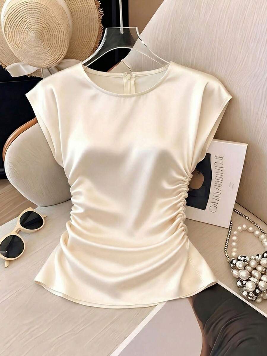 Franclia Women's Elegant Round Neck, Fitted Waist, Versatile Solid Color Top; High-Quality Satin Satin Fabric White Satin Short Sleeve Top With Pleated Waist. Summer