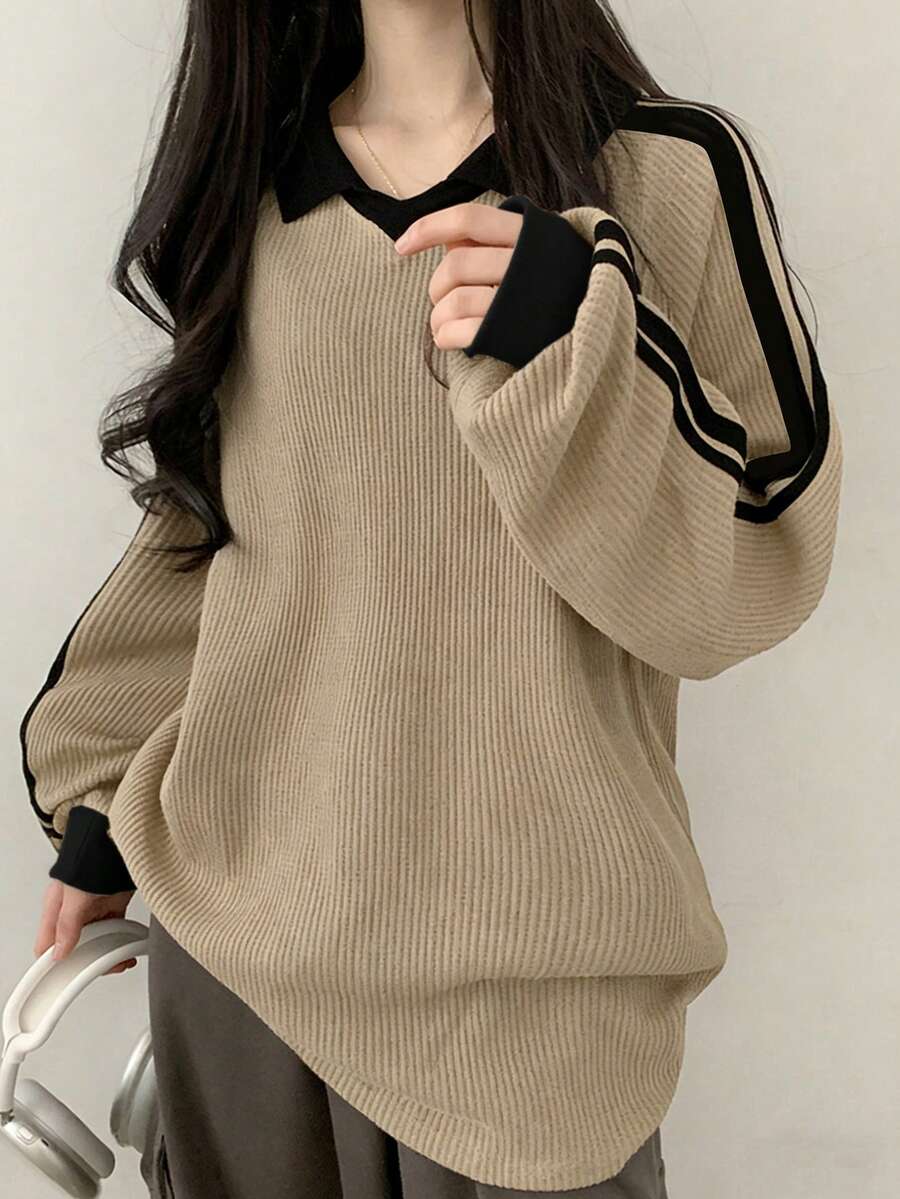 DAZY Women's Contrast Color Block Striped Long Sleeve Casual Letter Print Sweatshirt, Collegiate Style,Long Sleeve Tops,Fall Clothes