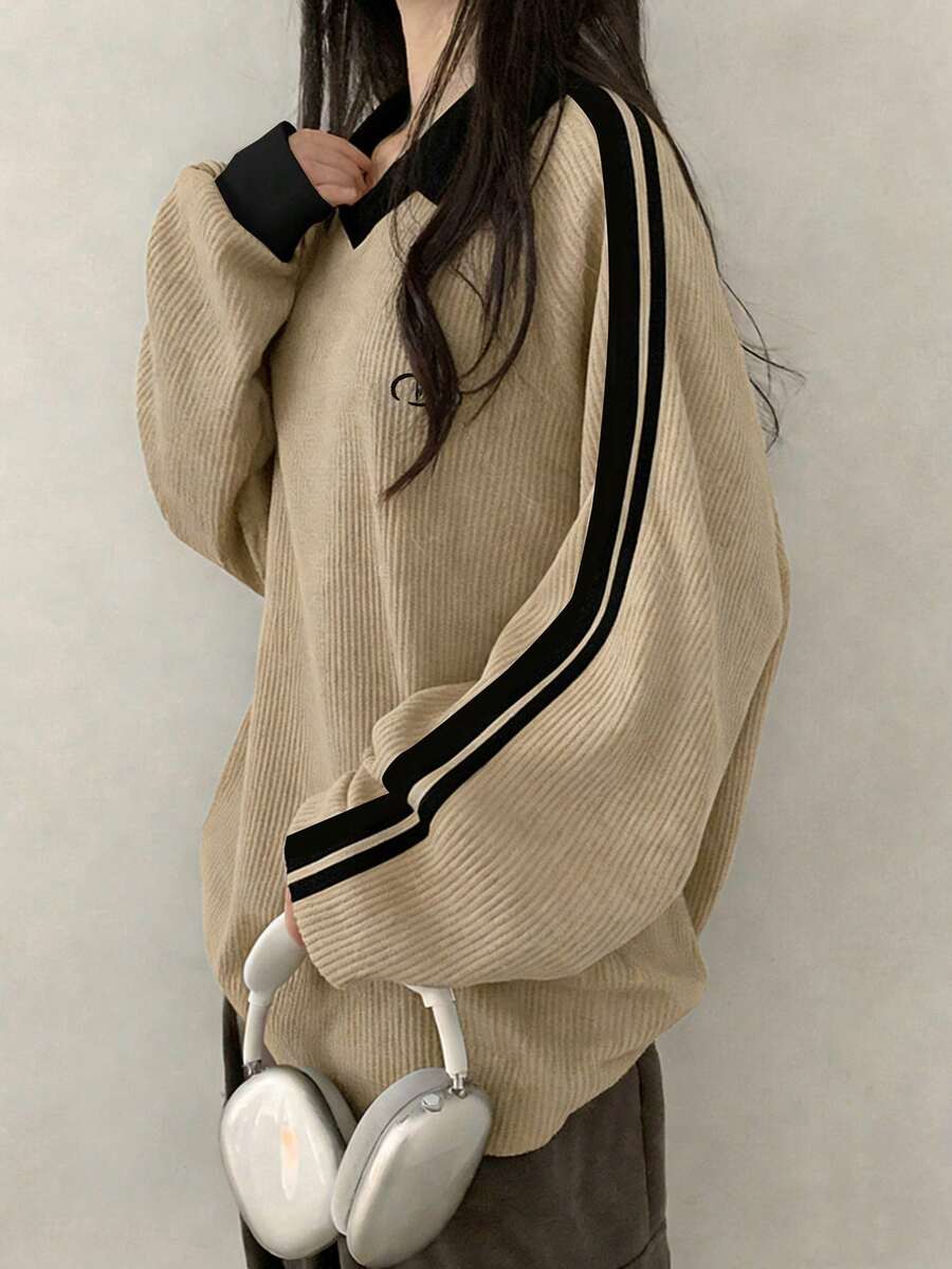 DAZY Women's Contrast Color Block Striped Long Sleeve Casual Letter Print Sweatshirt, Collegiate Style,Long Sleeve Tops,Fall Clothes