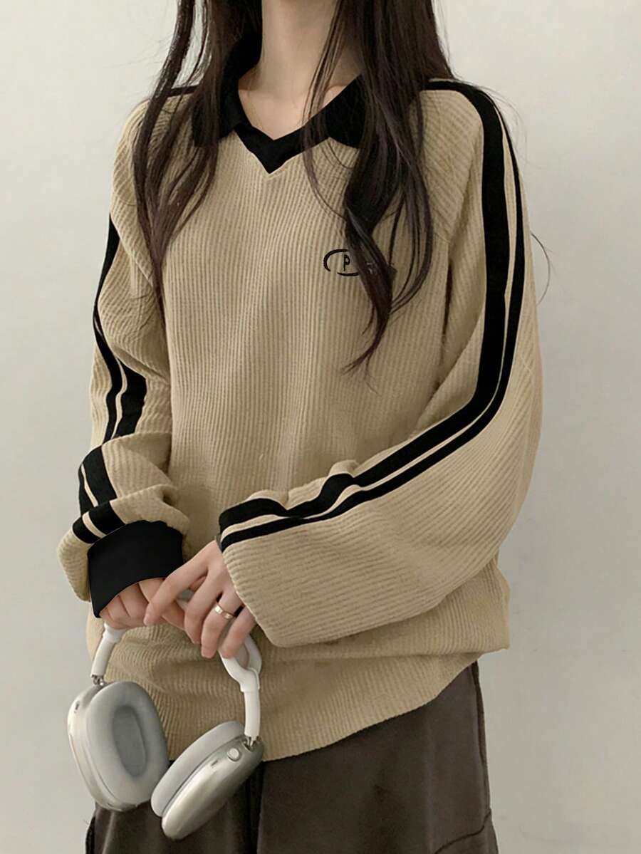DAZY Women's Contrast Color Block Striped Long Sleeve Casual Letter Print Sweatshirt, Collegiate Style,Long Sleeve Tops,Fall Clothes