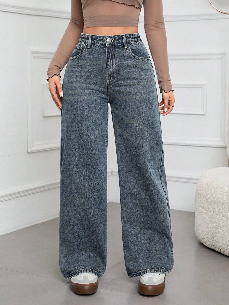 SHEIN ICON Casual Relaxed-Fit High-Waist Straight Leg Denim Jeans