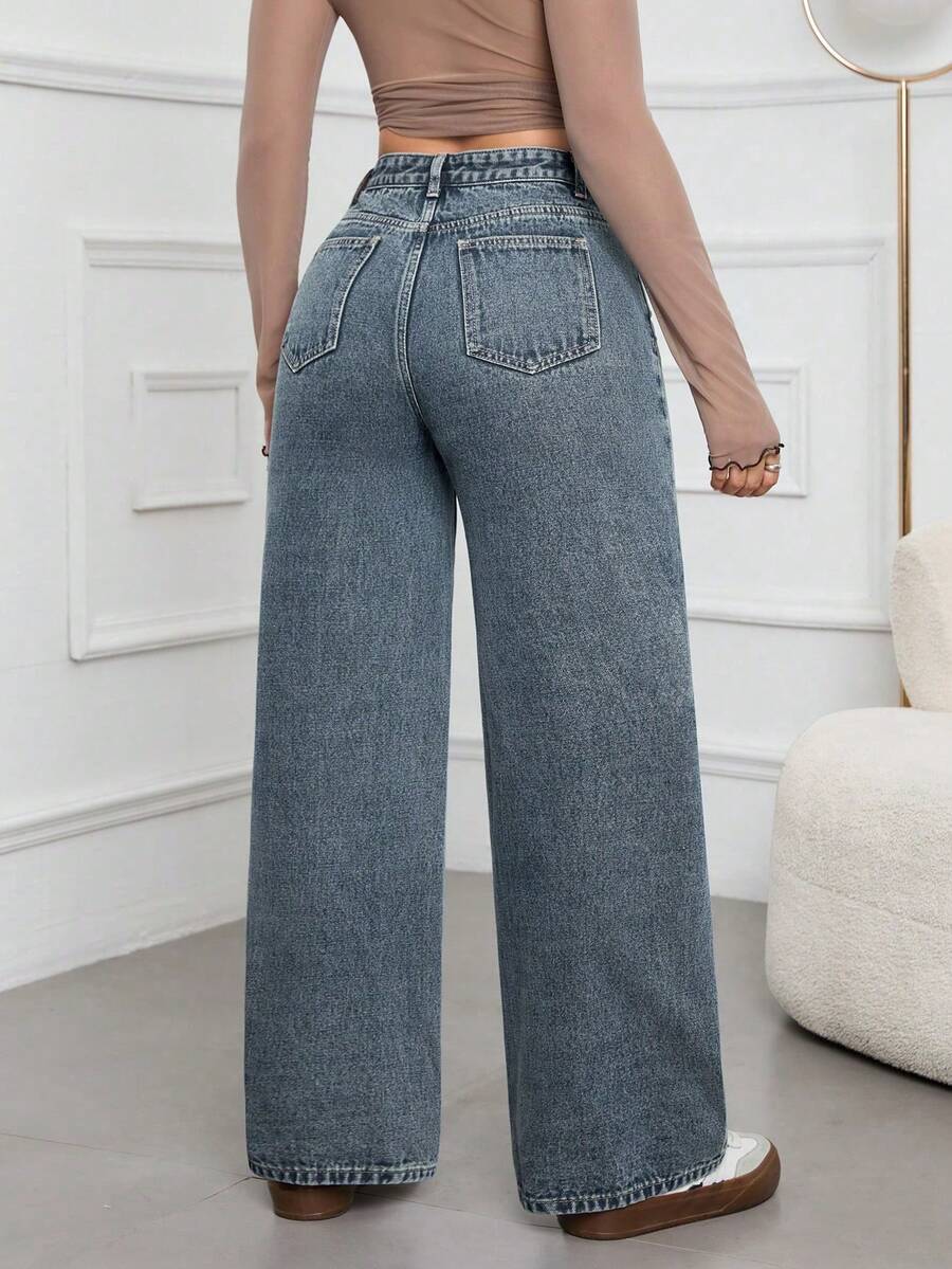 SHEIN ICON Casual Relaxed-Fit High-Waist Straight Leg Denim Jeans