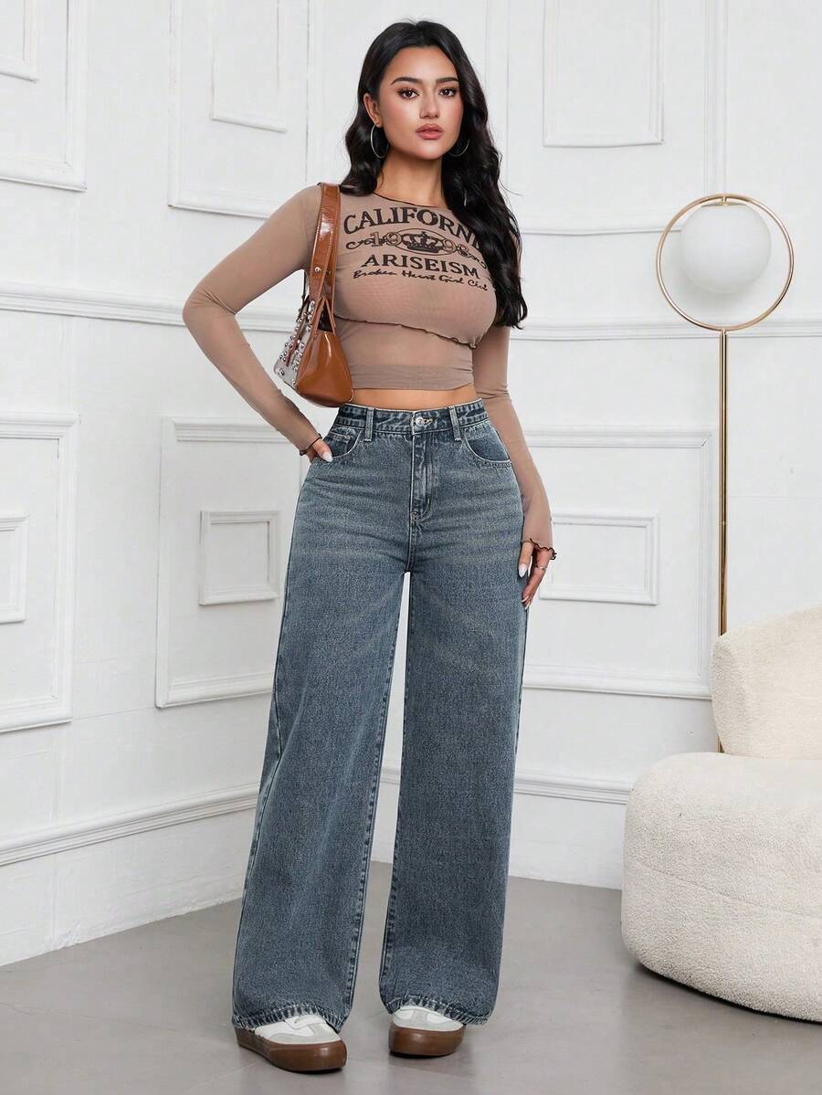 SHEIN ICON Casual Relaxed-Fit High-Waist Straight Leg Denim Jeans