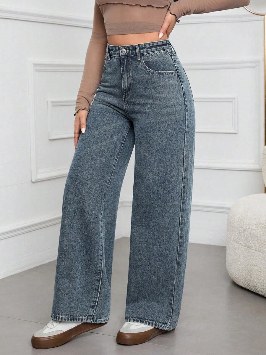 SHEIN ICON Casual Relaxed-Fit High-Waist Straight Leg Denim Jeans