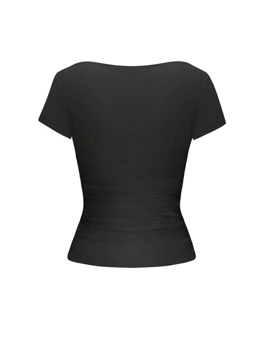 Vaiaye Women's Spring-Summer Sexy Fitted Knit Top, Solid Color Square Neck Casual T-Shirt, Suitable For Valentine's Day