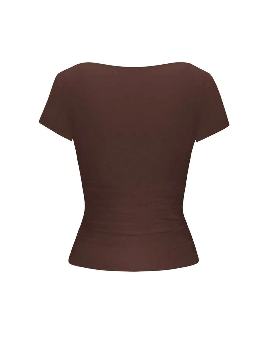 Vaiaye Women's Spring-Summer Sexy Fitted Knit Top, Solid Color Square Neck Casual T-Shirt, Suitable For Valentine's Day